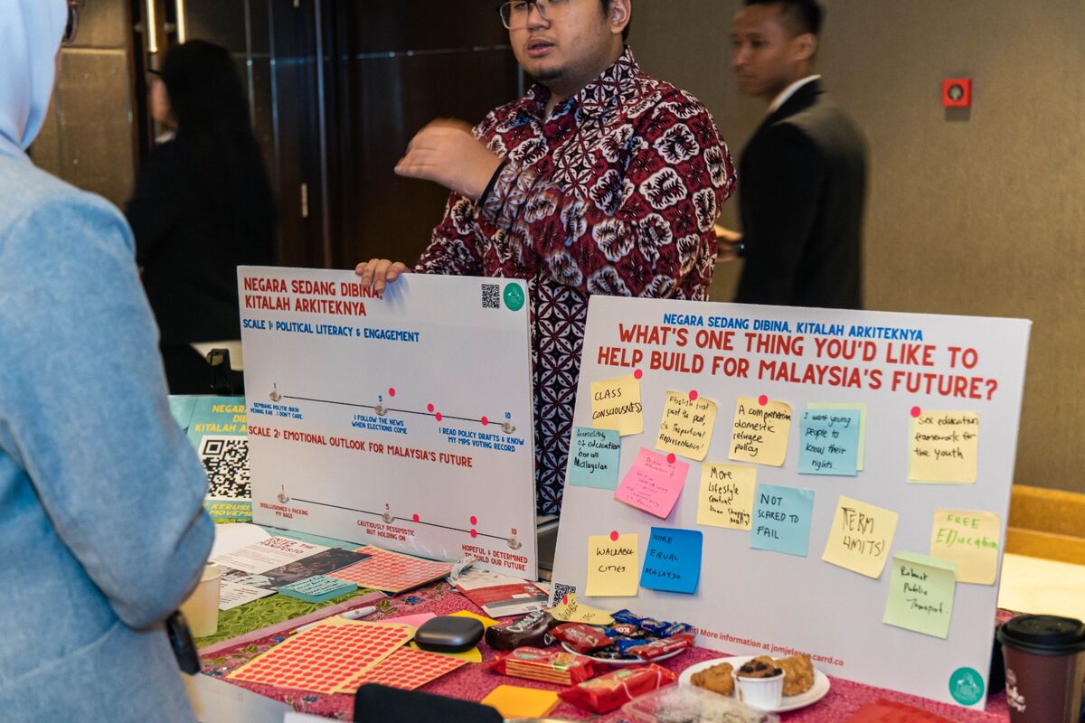 Summit attendees adding sticky notes to the “what would you like to help build for Malaysia's future?” board